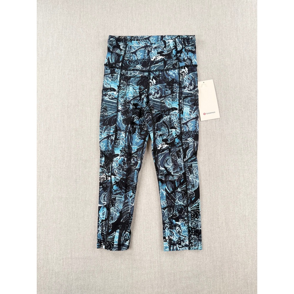 Lululemon Fast and Free Crop II Great Wave Multi Blue Black Leggings LW6AKIS 4